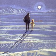 a painting of a man and child walking in the snow under a moonlit sky