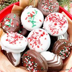 chocolate covered desserts in a red bowl with sprinkles and pine cones