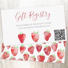 a business card with strawberries on it and the words gift register written in red ink