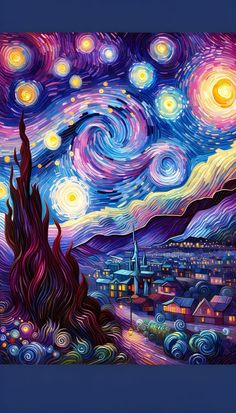 a painting of the night sky with stars and swirls in purple, blue, yellow and