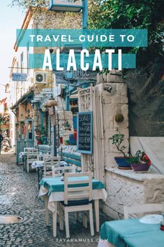 an alleyway with tables and chairs in front of the words travel guide to albacati