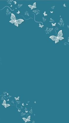 a blue background with white butterflies and vines on the bottom right corner is an empty space for text