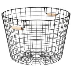 a black wire basket with wooden handles