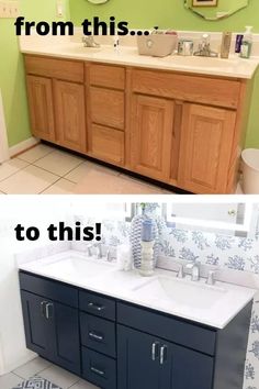 before and after pictures of a bathroom vanity with two sinks, one on the counter