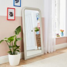 a mirror sitting on top of a wooden floor next to a potted plant