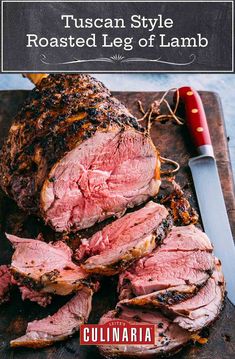 sliced roast beef on a cutting board with a knife next to it and the title, tuscan style roasted leg of lamb