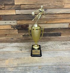 a gold trophy sitting on top of a wooden table