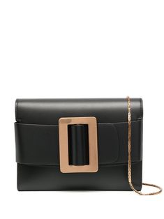 Black leather Buckle travel shoulder bag from BOYY featuring decorative buckle detail, rectangle body, chain-link shoulder strap, foldover top with magnetic fastening, partitioned compartment and internal zip-fastening pocket. Luxury Evening Shoulder Bag With Buckle Closure, Luxury Evening Bags With Buckle Closure, Designer Rectangular Bag With Buckle Closure, Designer Rectangular Bags With Buckle Closure, Designer Evening Bag With Buckle Closure, Luxury Formal Shoulder Bag With Buckle Closure, Modern Evening Bag With Removable Belt, Leather Evening Bag With Removable Belt, Evening Leather Shoulder Bag With Removable Belt