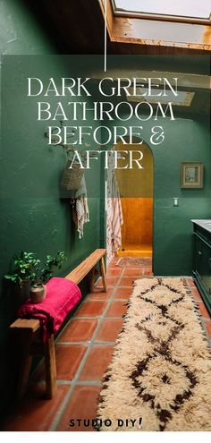 Want to remodel your bathroom? This dark green bathroom with wood ceilings couldn’t have gotten a bigger transformation! In this post you will see a BEFORE & AFTER of a Palm Springs midcentury style renovation using bold green paint.