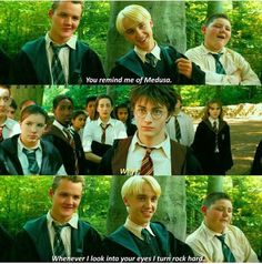 harry potter and his friends are in the woods with their school uniformes, saying that they