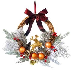 a christmas wreath with pine cones, ornaments and a deer ornament on it