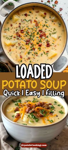 loaded potato soup in a white bowl with bacon and cheese on top, next to the recipe