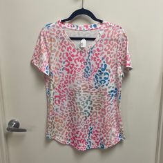 Colorful Leopard Print V Neck Tshirt. Short Sleeve. Bright Pink With Blue Green Leopard Print. So Cute With Blue Jeans Or White Jeans. 95% Polyester/5% Elastins Casual Pink Printed Tops, Pink Printed V-neck T-shirt, Casual Stretch Multicolor Tops, Multicolor V-neck Loungewear Top, Multicolor V-neck Tops For Loungewear, Multicolor Summer T-shirt For Loungewear, Multicolor T-shirt For Summer Loungewear, Multicolor Short Sleeve Tops For Loungewear, Multicolor Stretch Casual T-shirt