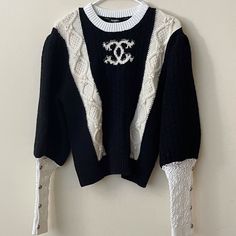 Size 40 Brand New With Tag Rare, Originally Expensive Piece Chanel Knitwear, Chanel Sweater, Womens White Sweater, Chanel Black And White, Black And White Sweater, Boucle Sweater, Embellished Sweaters, White Knit Sweater, White Sweater