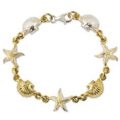 Gold accented charm bracelet, 'Treasures of the Sea' - Gold Plated Ocean Theme Charm Bracelet #ocean #gold #charmbracelet #shophandmade Bracelet Ocean, 2017 Trends, Pearl Bracelets, Starfish Earrings, Ocean Theme, Scallop Shells, Square Rings, Themed Jewelry, Bracelets Jewelry