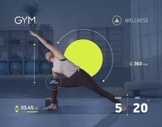 a woman doing yoga poses in front of a wall with the words gym on it