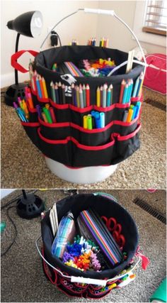 two pictures showing different types of pencils and crayons in a bucket on the floor