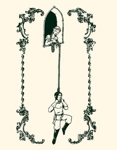 a drawing of a man hanging from a pole with a woman in the window behind him