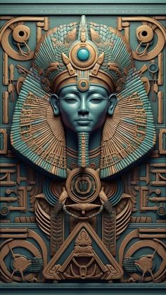 an egyptian art work with blue and gold colors on the face, surrounded by symbols