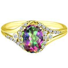 Shop now for a stunning Yellow Gold ring featuring color-enhanced Mystic Topaz and dazzling diamonds. This exquisite ring showcases an Oval cut splashy Mystic Topaz of 1.5 carats, delicately set at the center of gleaming diamonds. With a measurement of 9x7mm, this elegant center gemstone is sure to captivate attention.  Weighing approximately 3.2 grams, this luscious ring is a perfect choice to captivate her heart. The twisted ring band is adorned with 24 magnificent round-cut diamonds set in shimmering 14K Yellow Gold. The side diamonds boast a better H-I color grade, adding to the ring's overall allure. Order now and make her fall in love with this beautifully designed ring. Country/Region of Manufacture: United States Brand: Megasettings Handmade: Yes Department: Women Occasion: Engagem Twisted Ring, Mystic Topaz, Yellow Gold Ring, Topaz Gemstone, Ring Band, Round Cut Diamond, Yellow Gold Rings, Gemstone Ring, Oval Cut