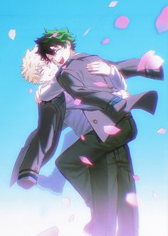 two anime characters hugging each other in front of a blue sky with pink and white petals