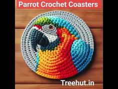 the parrot crochet coaster is made with multicolored beads and has a circular design on it