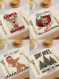 christmas themed placemats and napkins on a table