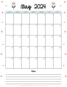 the may calendar is shown with flowers and polka dot dots on it, as well as an