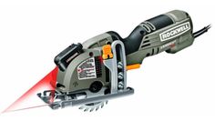 a cordless electric tool with red lasers on the handle and blades attached to it