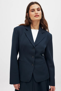 Fitted Blazer Navy Blazer With Hidden Button Closure For Work, Navy Blazer For Work With Hidden Button Closure, Navy Single Breasted Blazer For Work, Navy Single-breasted Workwear Blazer, Navy Single-breasted Blazer For Work, Navy Notch Lapel Blazer For Work, Navy Blazer With Notch Lapel For Work, Navy Tailored Blazer For Work, Tailored Navy Blazer For Office