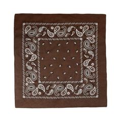 a brown bandanna with white paisley on it