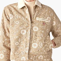 Women's Ellis Floral Duck Canvas Jacket - Dickies US Trendy Cotton Outerwear With Floral Print, Winter Cotton Cropped Collared Jacket, Trendy Floral Print Outerwear For Work, Beige Cotton Cropped Jacket For Winter, Winter Beige Outerwear With Floral Print, Retro Floral Print Winter Outerwear, Winter Beige Floral Print Outerwear, Beige Floral Print Outerwear For Winter, Vintage Floral Print Outerwear For Work