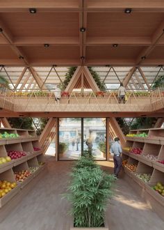 an artist's rendering of the inside of a store with shelves filled with fruits and vegetables