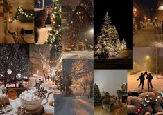 a collage of photos with people and christmas trees in the snow at night, coffee mugs on fire hydrant