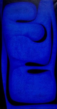 an abstract blue sculpture with black lines on it's sides and the bottom part of its body