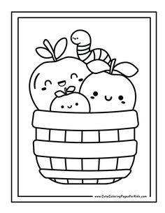 an apple basket with two apples and a bee in it coloring pages for kids, printable