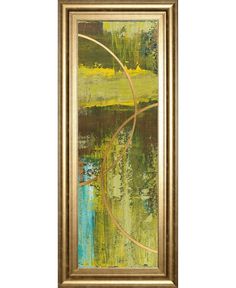 an abstract painting with green and yellow colors on the bottom, in a gold frame