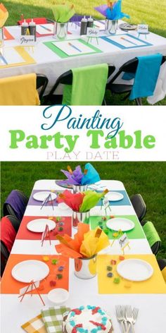 the table is set with colorful paper plates and place settings for an outdoor party or birthday