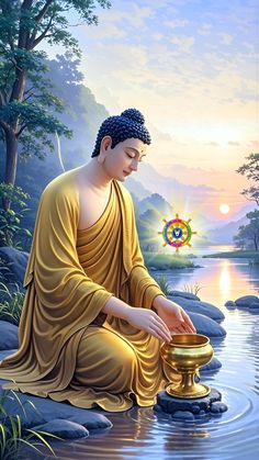 a painting of a buddha sitting in the water