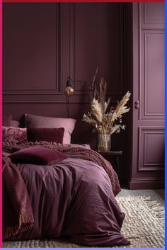 a bed with purple sheets and pillows in front of a dark colored wall, next to a vase with dried flowers