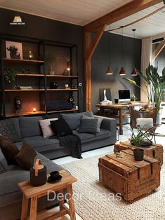 a living room filled with furniture and a wooden table in front of a laptop computer