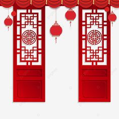 two red chinese doors with lanterns hanging from them, illustration, background png and psd