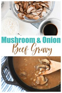 mushroom and onion beef gravy in a skillet, with the title above it