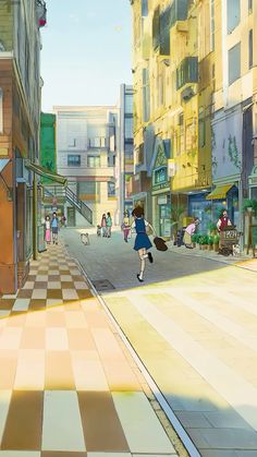 an anime scene with people walking on the street and buildings in the background that are painted yellow