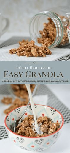 granola is being poured into a bowl