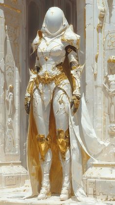 a white and gold costume is standing in front of a building with statues around it