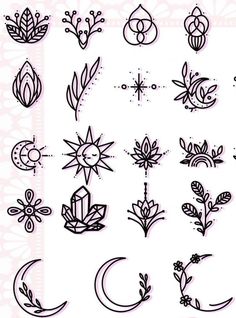 a bunch of different tattoos on a white background with flowers and moon symbols in black ink