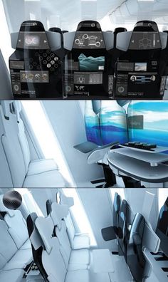 the interior of an airplane is shown in three different views