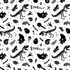 a black and white pattern with different types of animals on it's back ground