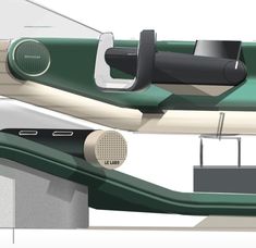 an image of a green and white boat with speakers attached to it's side